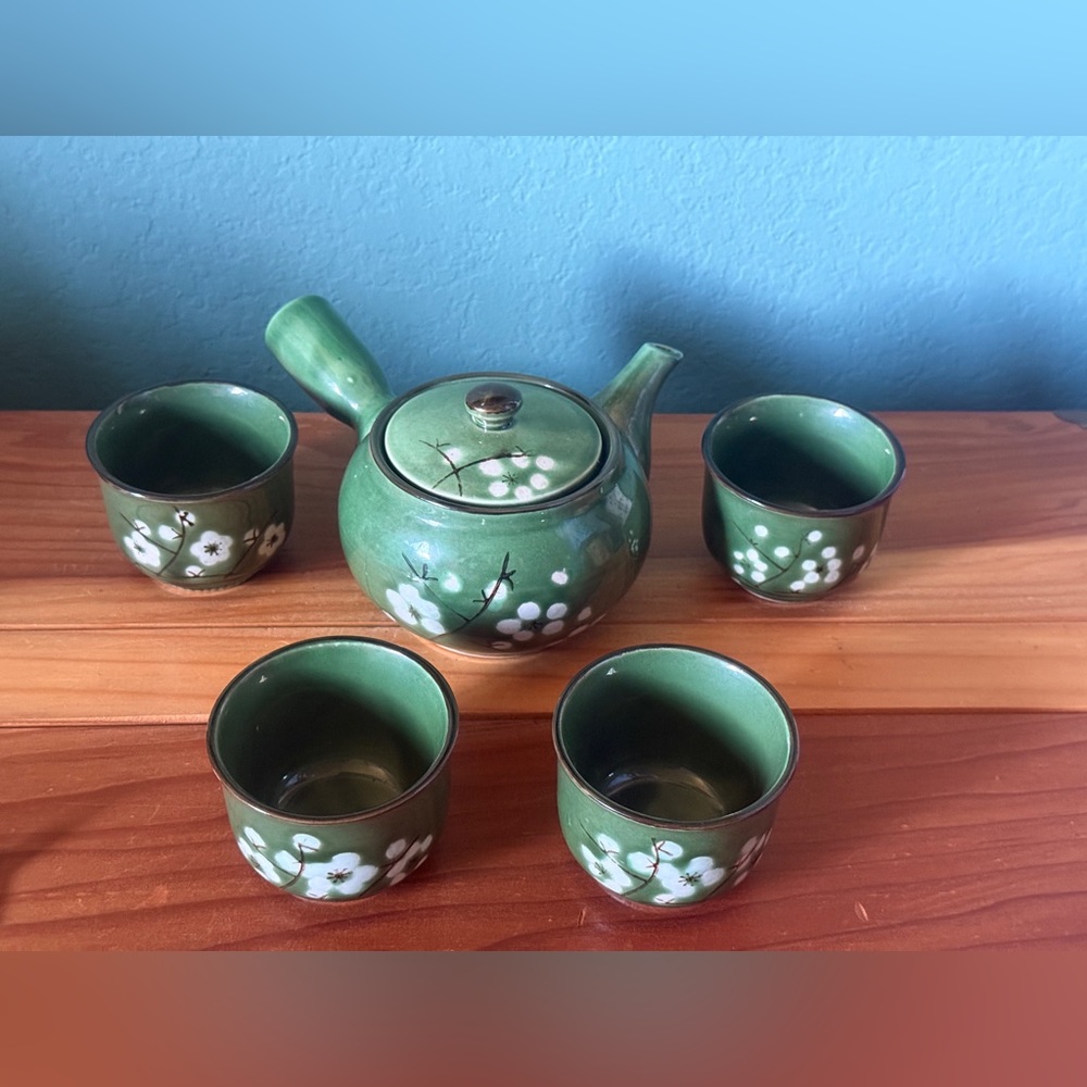 Japanese Style Miso Green Ceramic Teapot D=4” Set w/4 Cups Sakura Blossom China